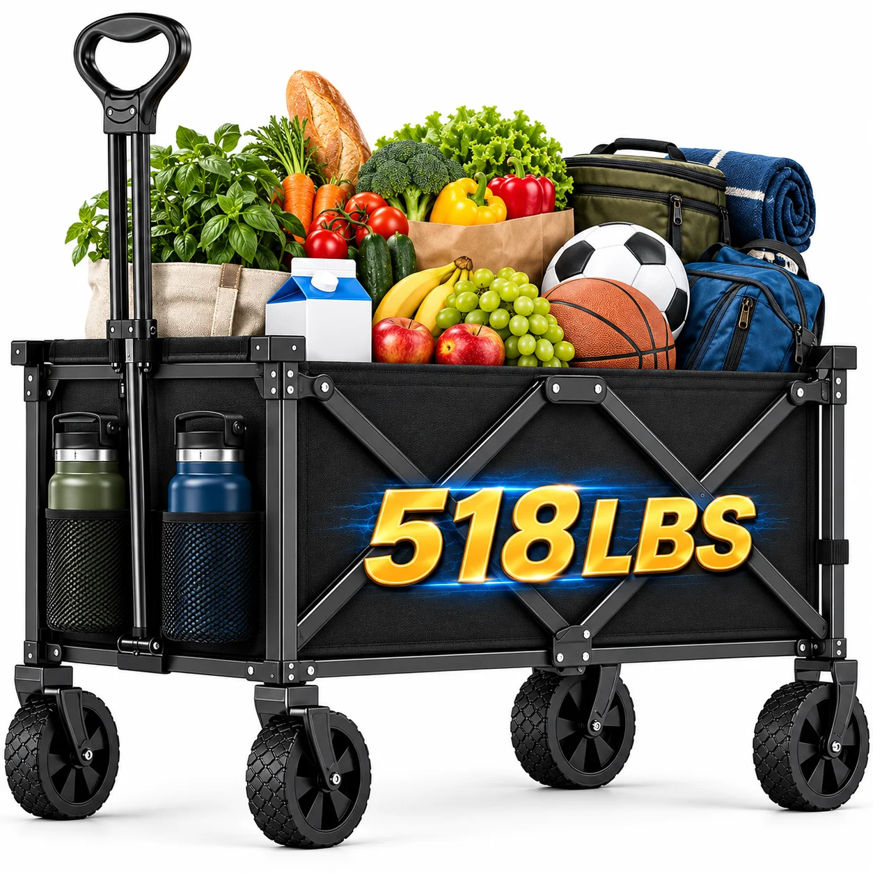 518LBS Heavy Duty Folding Wagon Cart, Large Capacity Collapsible Utility Wagon, Reinforced Steel Frame, Adjustable Handle, Wide All-Terrain Wheels, 2 Cup Holders for Shopping, Camping, Garden & Sports