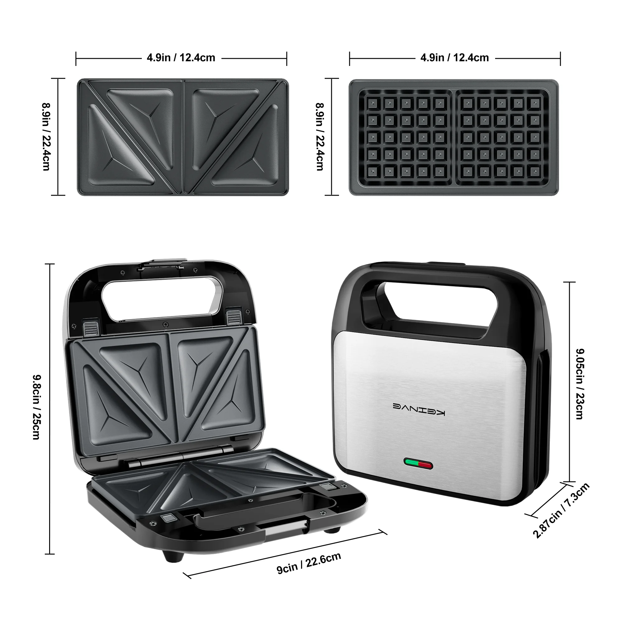 2 in 1 Waffle Maker & Sandwich Maker with Non-stick Coating Plate, Easy to Clean, 750W Heating Up Fast