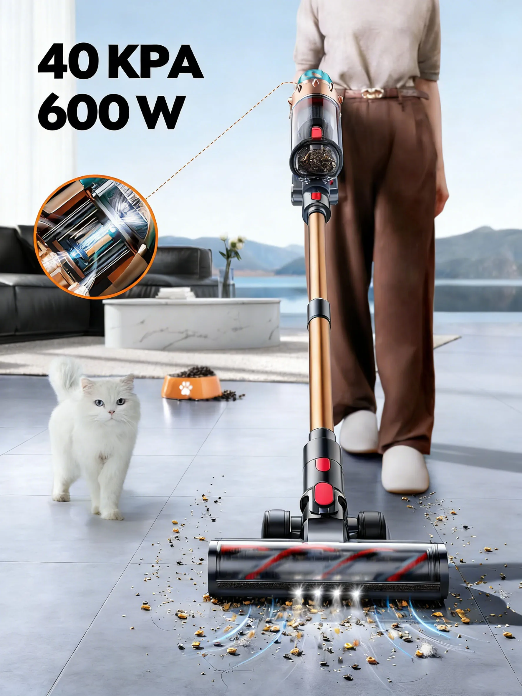 Aspirapolvere senza fili da 600 W e 40 kPa per la casa e per la pulizia di peli di animali domestici, con funzione di rimozione dei peli, autonomia di 60 minuti, tecnologia a luce verde, sicuro per