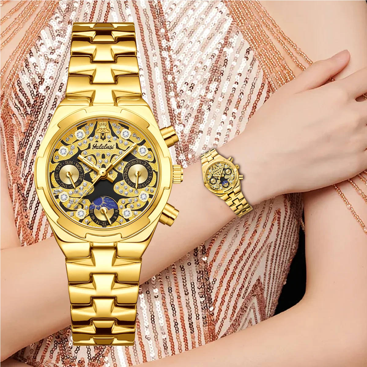 ساعة يد كوارتز جديدة فاخرة وعصرية من العلامة التجارية YaLaLuSi تتميز بتقويمًا، ومضيئة، وعرض نهاري، والمزيد من هدايا الهالوين