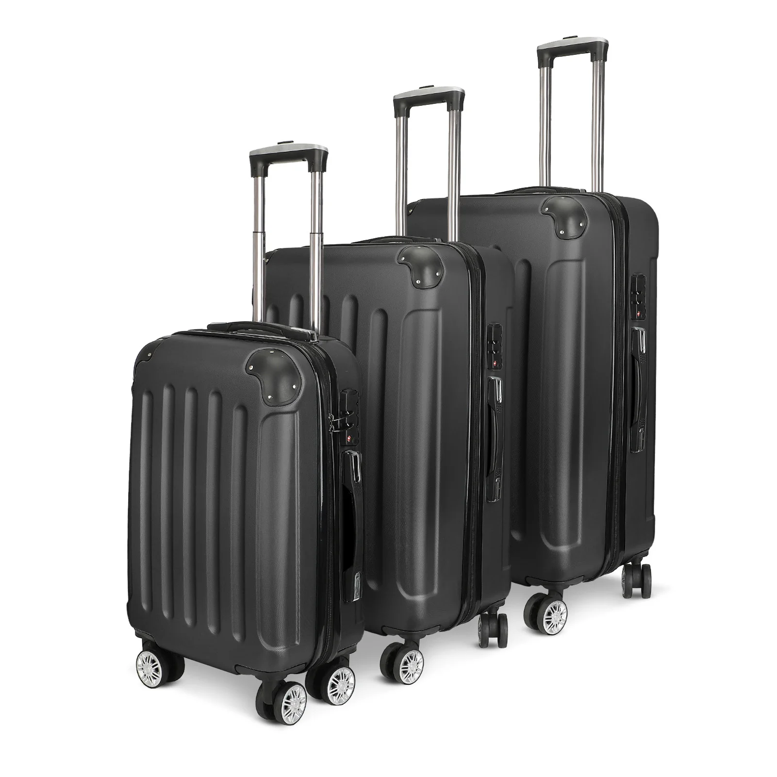 3 Pieces Trolley Suitcase Set, ABS Hard Shell Travel Suitcase, with 4pcs 360° Swivel Casters, with Telescopic Handle, Black