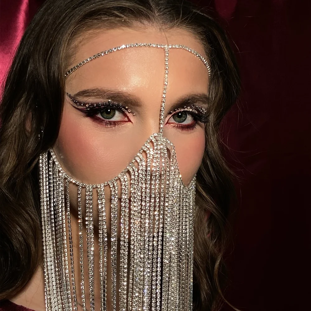Stone Fans Rhinestone Veil Mask with Long Fringe Chain for Women Face Jewelry Gift Bohemian Body Chain Festival Costume Party