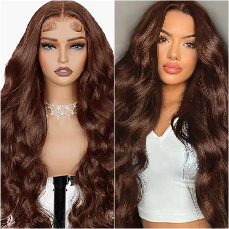 

32 Inch Chocolate Brown Body Wave HD Lace Front Human Hair Wig Brazilian 13x4 Lace Frontal Wigs Preplucked for Women 250 Density