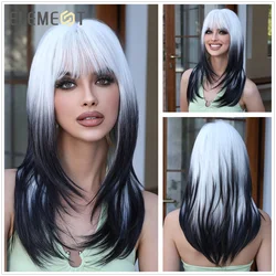 ELEMENT Synthetic Medium Long Layered Ombre White to Black Wigs Hair with Bangs for Women Girls Daily Party Hair Heat Resistant