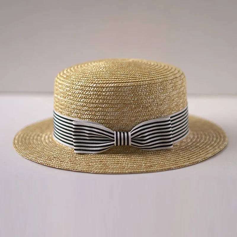 Wide Brim Boater Hats Flat Top Sun Hat Stripe Ribbon Bow Summer Fedoras Hats Ladies Derby Hat Stage Performance Beach Party Hat