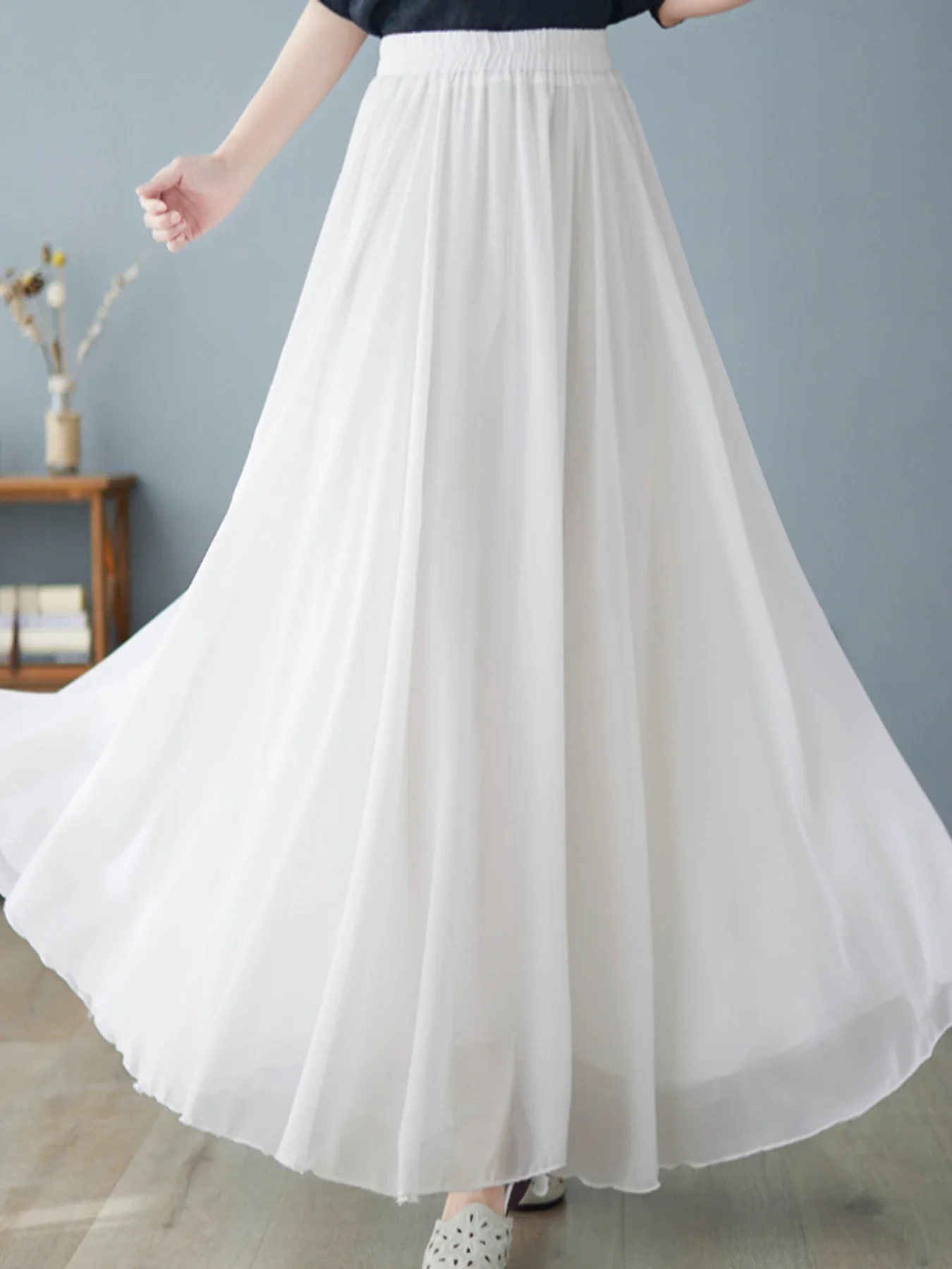 Women's chiffon skirt Stretch high-waisted slimming skirt A-line long skirt dance dress — zdjęcie 2