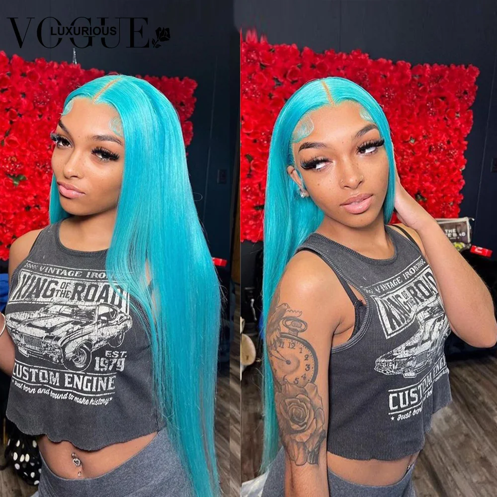 Wig rambut manusia depan renda transparan 13X4 lurus Wig rambut manusia berwarna biru danau muda Remy Brasil dijual Wig depan telah ditanami