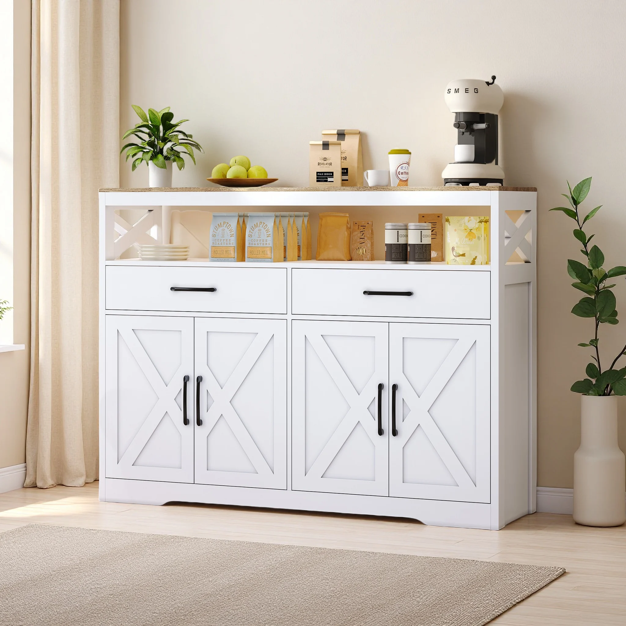 Mobiletto da cucina, mobiletto con 4 ante, 2 cassetti, ripiani regolabili, per sala da pranzo, soggiorno, corridoio, 140x40x105 cm, bianco