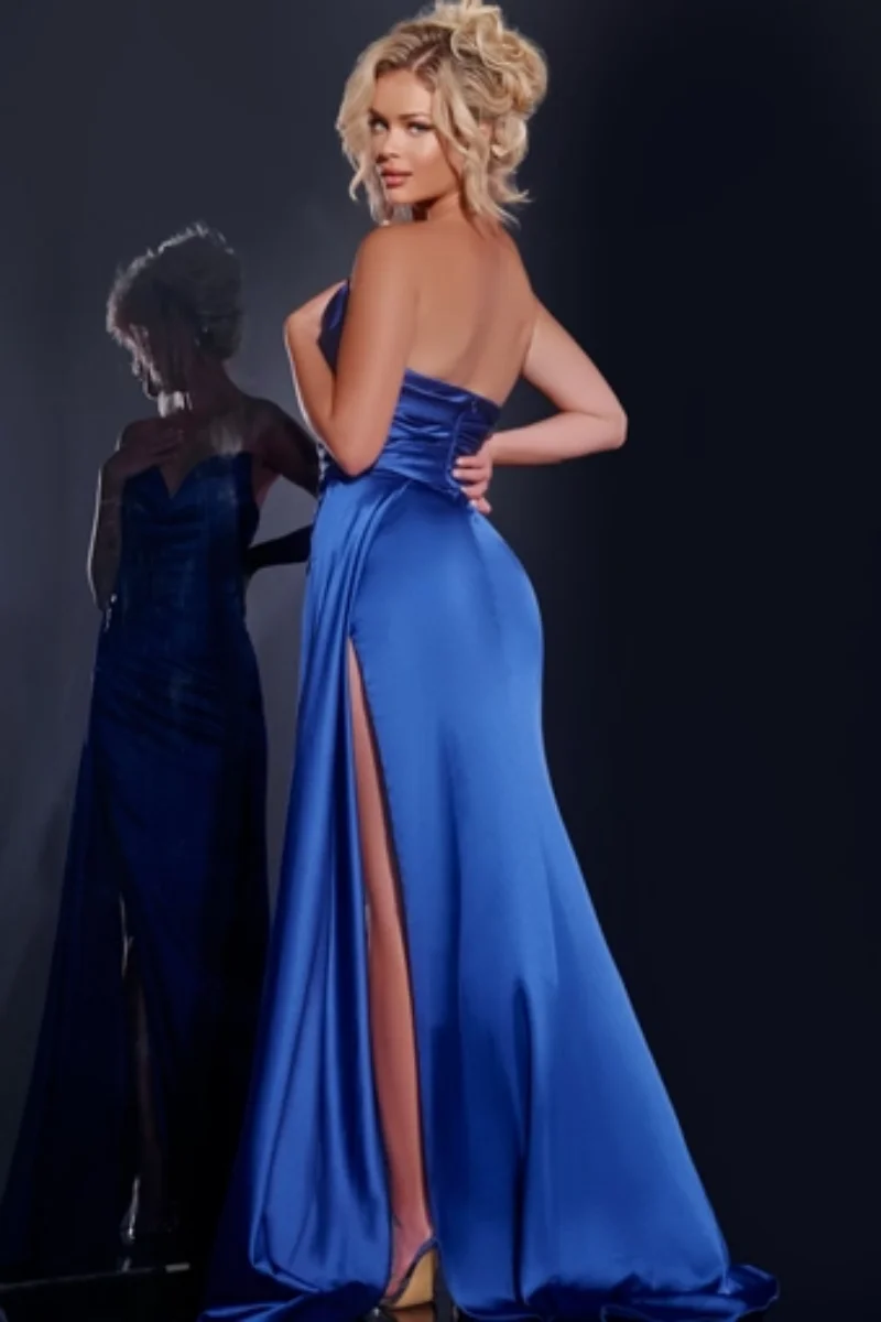 Jessica Blue Evening Dresses Wrinkled Silk Satin Prom Dresses Sexy Off Shoulder Side Slit Party Dress Customized