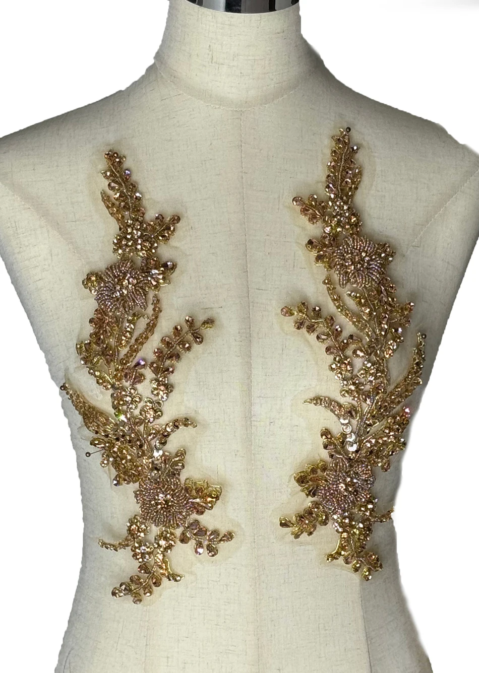 

HelluyerDc champgane,AB,Black rhinestones beaded applique patch,3D beading flowers pair applique for DIY decorations