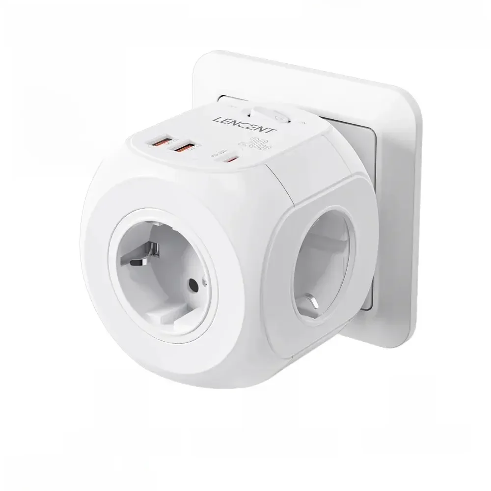 LENCENT-Prolongateur de prise murale EU avec 4 AC + QC3.0USBX2 + 1 Type C PD20W, adaptateur de chargeur rapide, prise 7 en 1, interrupteur marche/arrêt