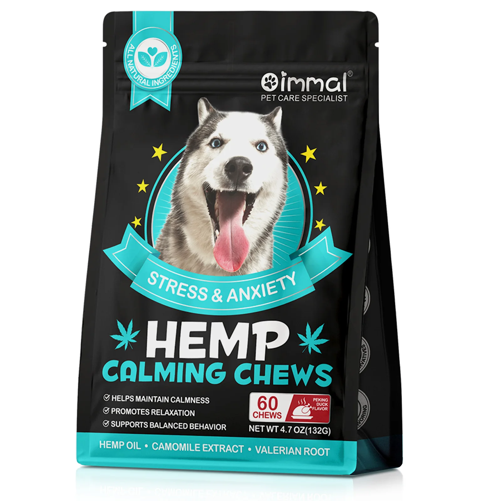 

60 Calming Chews for Dogs Stress & Anxiety with Peking Duck Flavor Chamomile Extract Valerian Root Calmness Promotes Relaxation