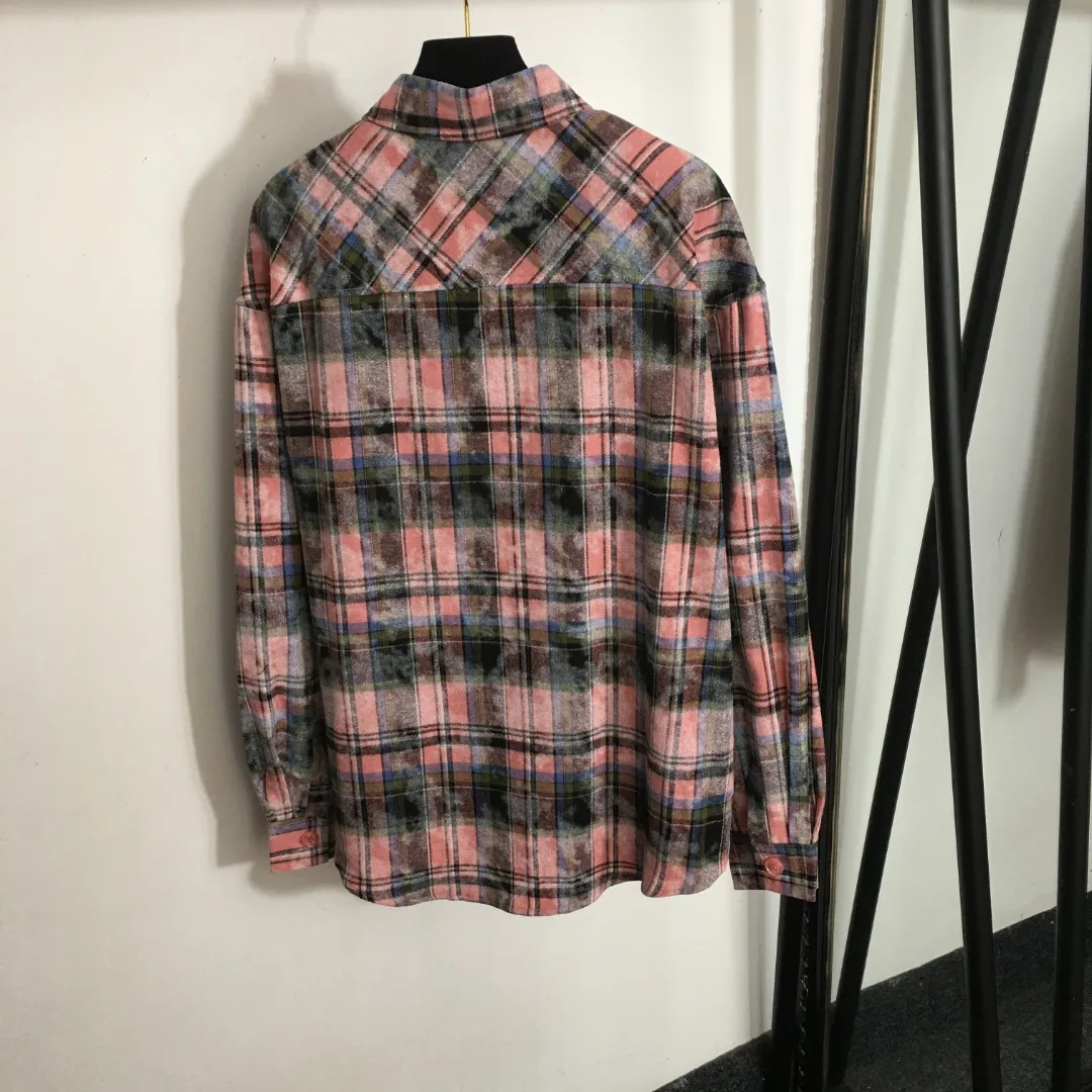 

2026 New Arrival: Letter Pocket, Color Blocking, Distressed Plaid Print, Long-Sleeved Cotton Shirt