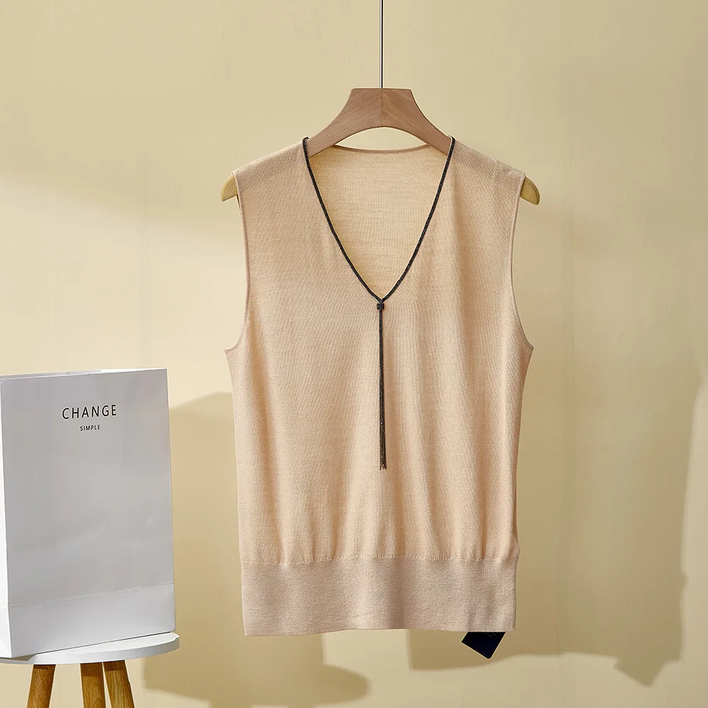

Women's Spring Summer New V-neck All-match Top Tassel Bead Silk Wool Knitted Vest