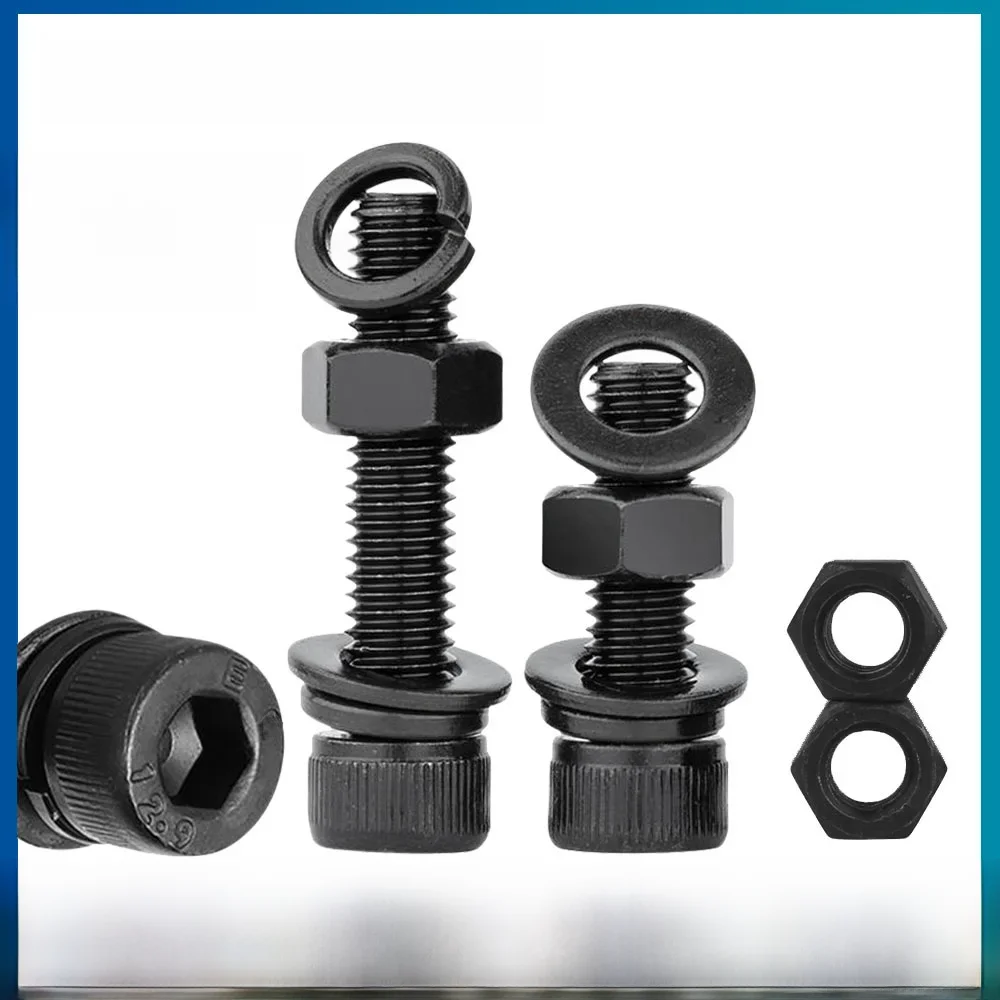 Vis à tête creuse hexagonale boulons et écrous avec rondelles M3 M4 M5 M6 M8 M10 M12 M14 vis à tête Allen en acier au carbone de qualité 12.9