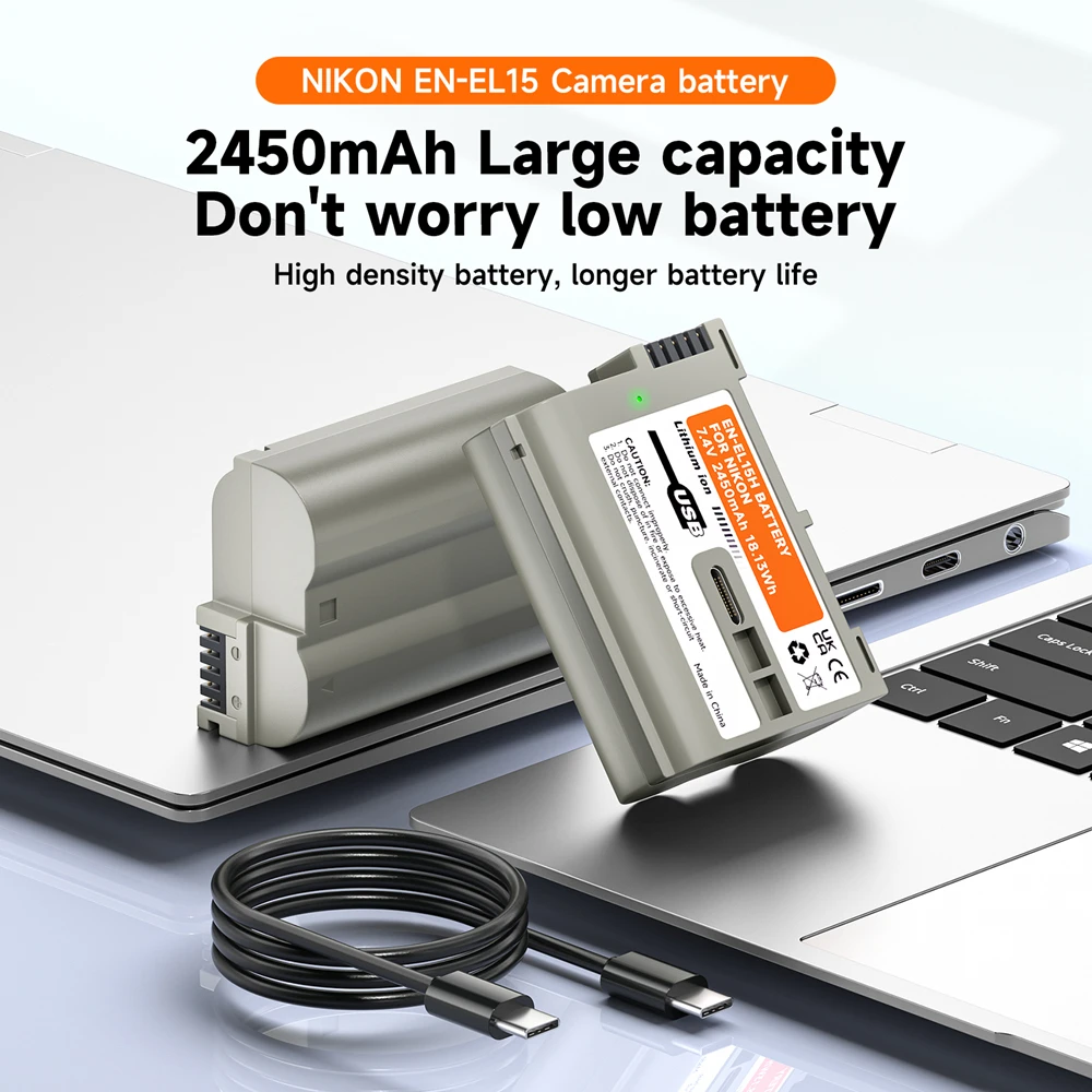 2450mAh EN-EL15 ENEL15 EN EL15 Camera Battery with Type-C Port for Nikon Z5, Z6, Z6 II, Z7, Z7II D780, D850, D7500, D500, D600