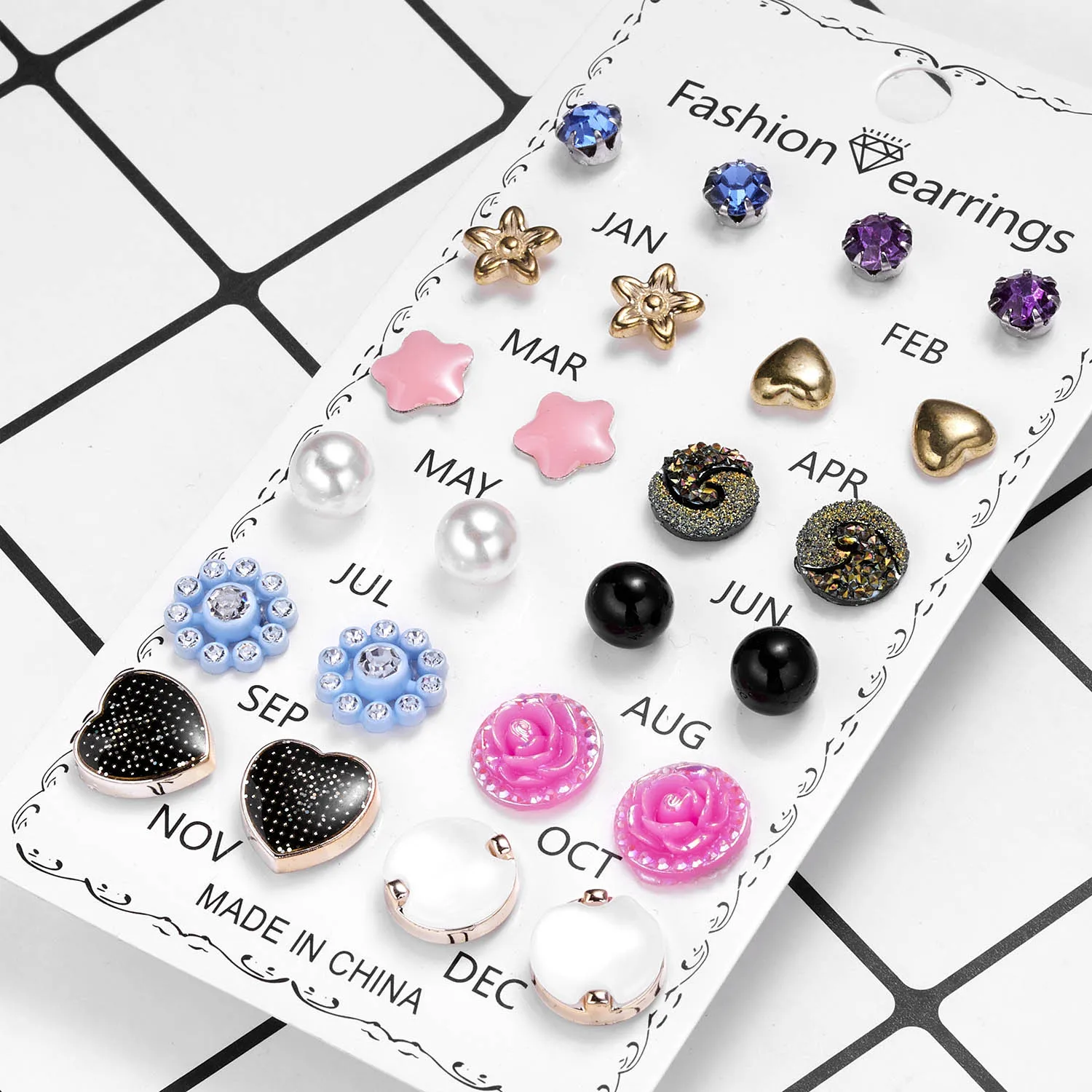 12 Pairs/Lot Acrylic Rhinestone Fashion Earrings Set For Women Flower Heart Stud Earring Girls Simple Geometric Earrings Jewelry