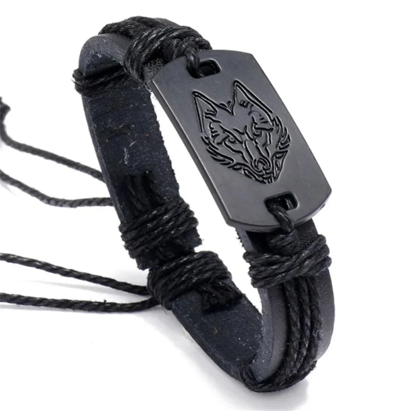 Bracelet en cuir pour hommes, Style Punk Vintage, tête de loup noir, chaîne en corde Simple, tissé à la main, accessoire