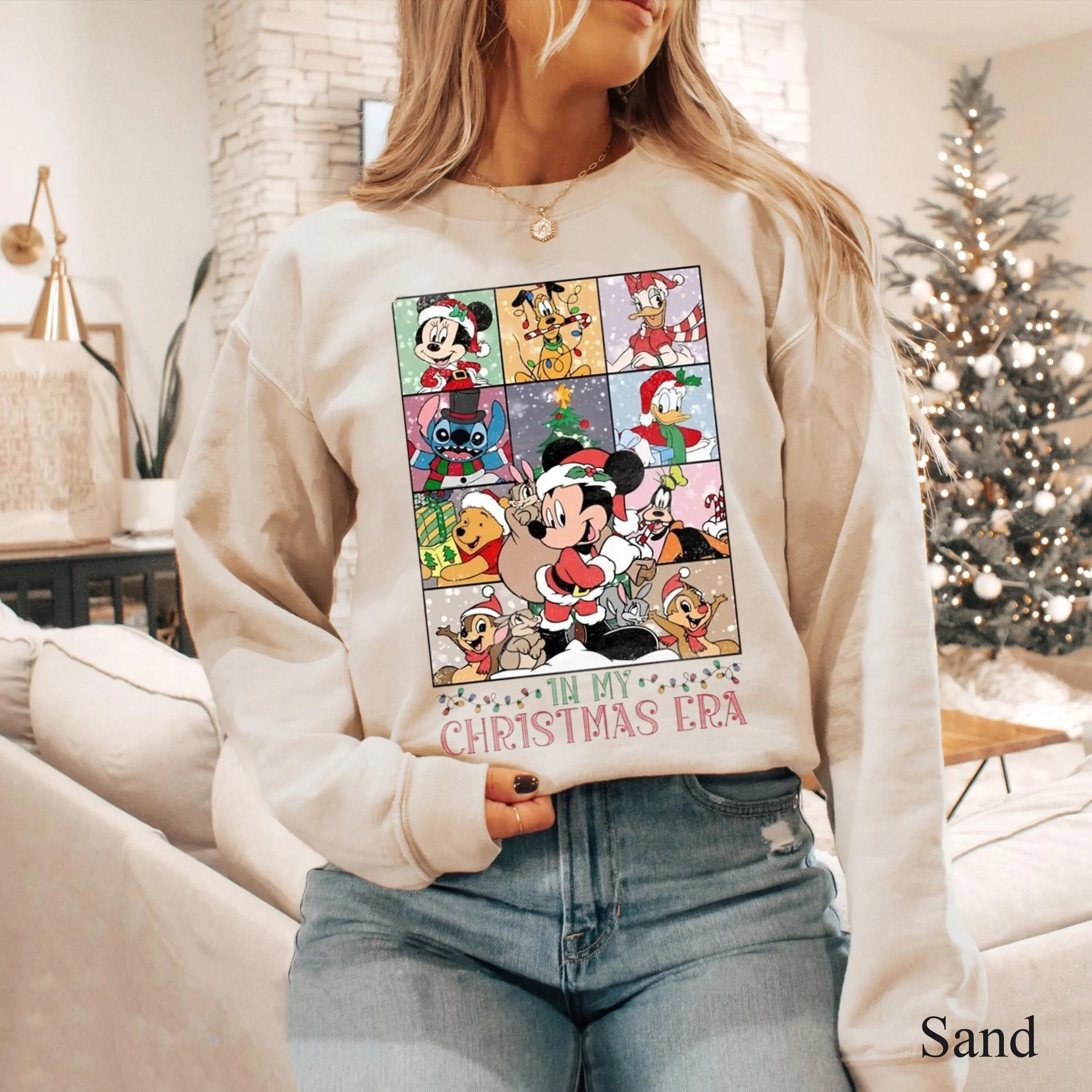 2024 Disney Cartoon Womens Pullover Fall Winter Christmas Cotton Printed Long Sleeve Shirt Trendy Street Casual Tops Sweatshirt