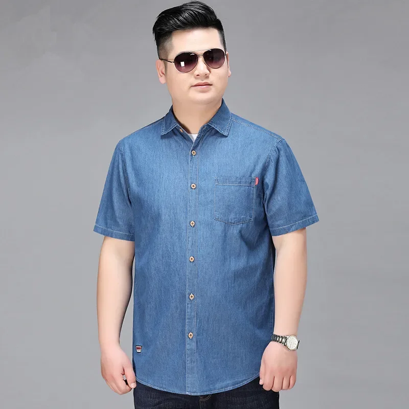 Jeansowe koszule męskie bawełniane z krótkim rękawem letnie dżinsy PLus rozmiar 5XL 6XL 7XL duże cienkie chłopcy luźna bluzka 8XL mężczyzna mężczyzna Camisa — zdjęcie 2