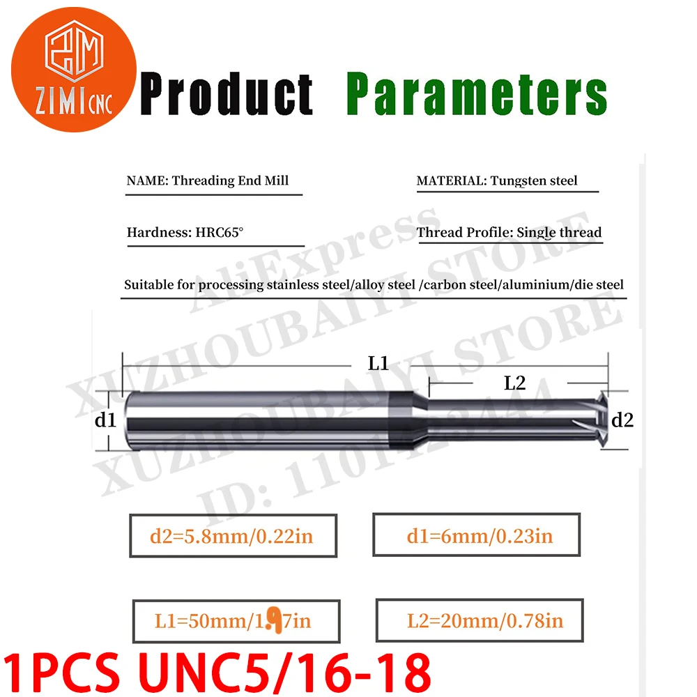 1P UNC 5/16-18 TPI Single Pitch Solid Carbide Thread end Mill AlCrN Coated 0.22in Cutting Diameter, Necked to Thread 0.78in Deep