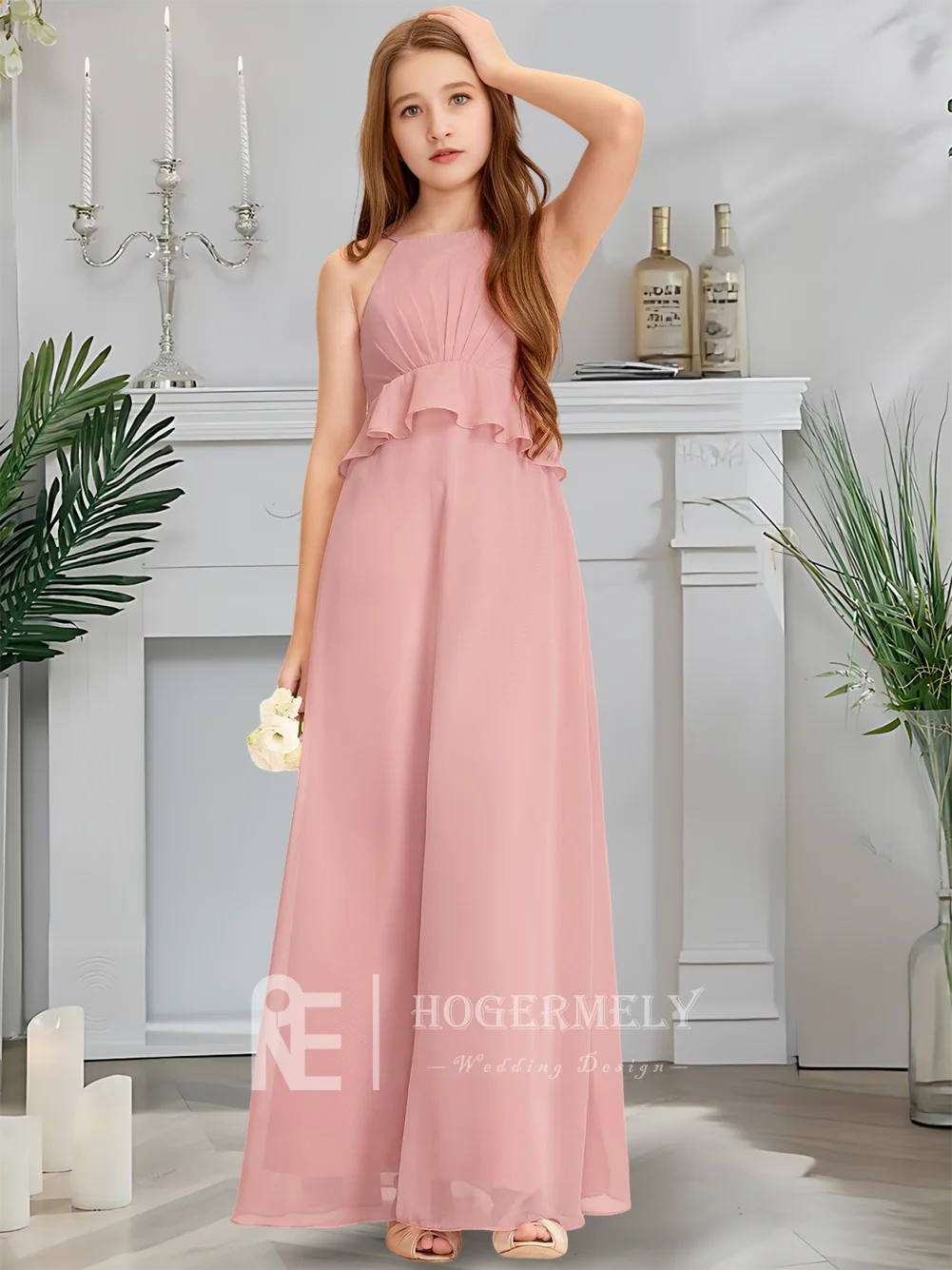 Gaun Pengiring Pengantin Junior Halter Mewah Gaun Gadis Bunga Kuarsa Mawar Sifon Panjang Lantai dengan Ruffles Bertingkat Pesta Pernikahan