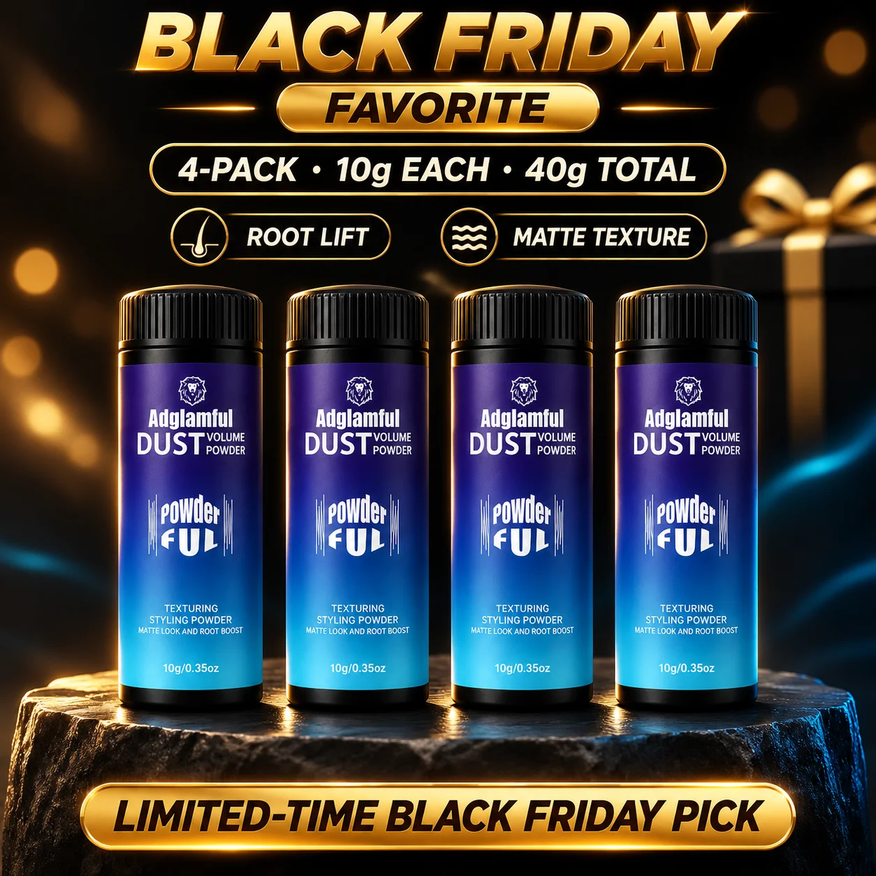 Adglamful 4 Pack Hair Volumizing Powder 40g Total, 10g Each Root Lift Texture Styling Powder, Matte Finish Oil Control for Men W
