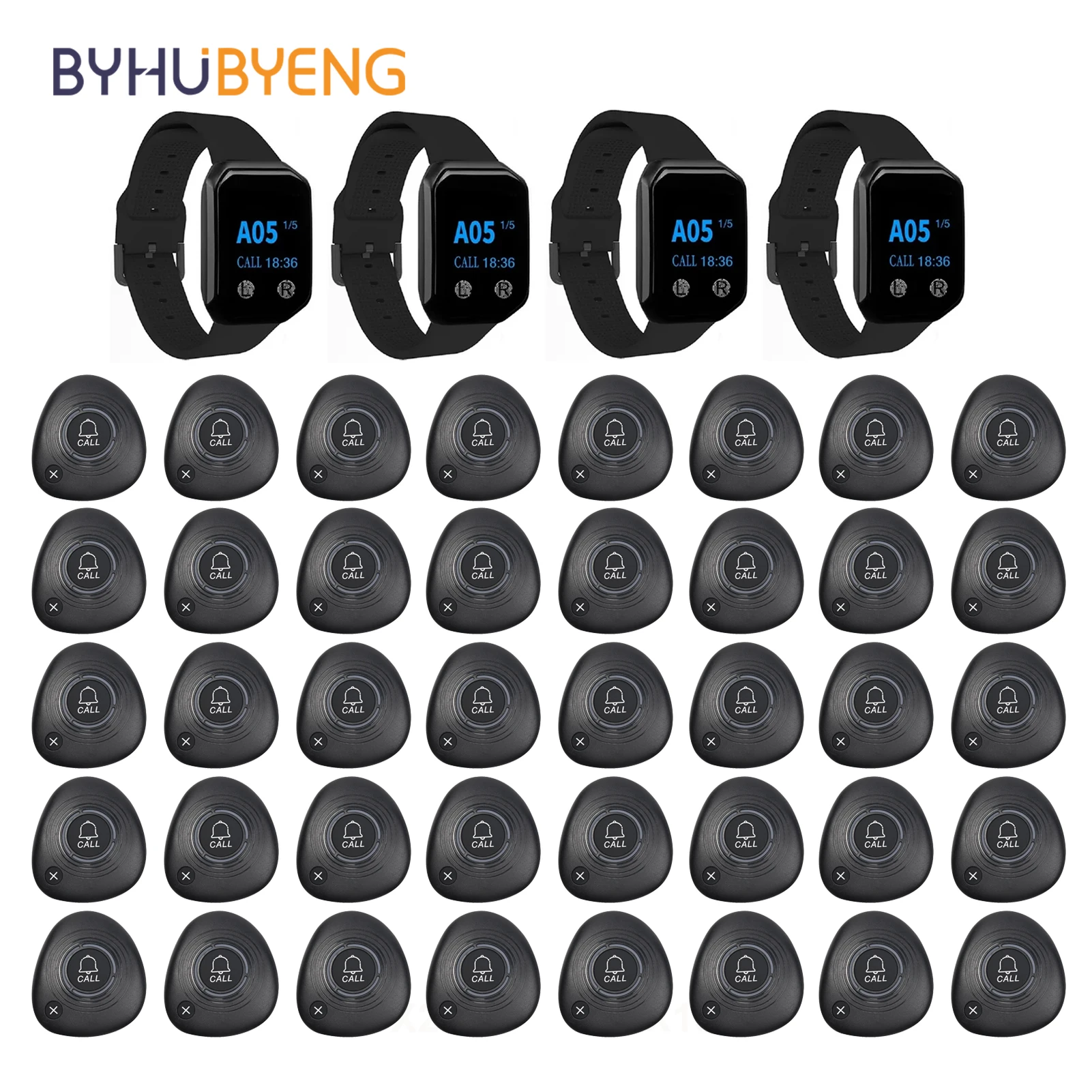 BYHUBYENG Restaurant Wireless Calling System 4 Waterproof Waiter Watch Receiver + 40 Call Button For Food truck Cafe Bar