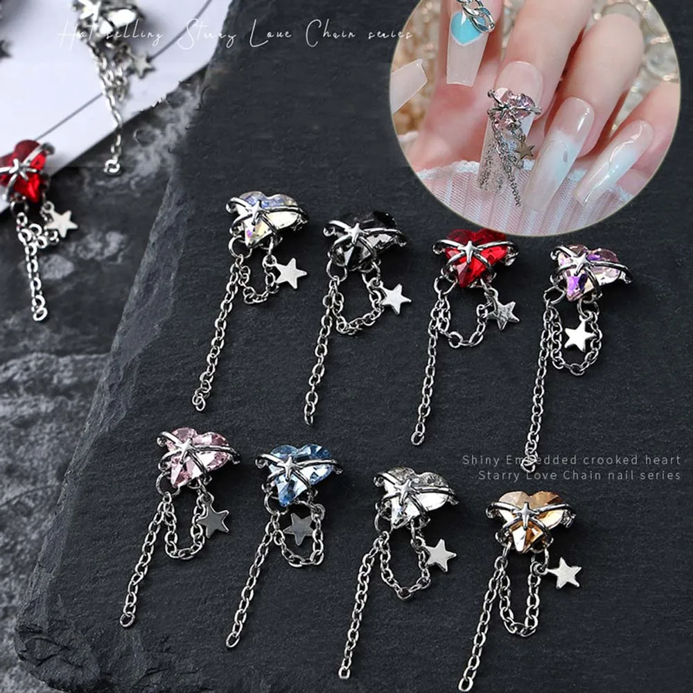 5Pcs Shooting Star's Love Crooked Crystal Nail Art Charms 3D Alloy  Pendants Upscale Nail Art Decoration Hearts Nail Ornaments