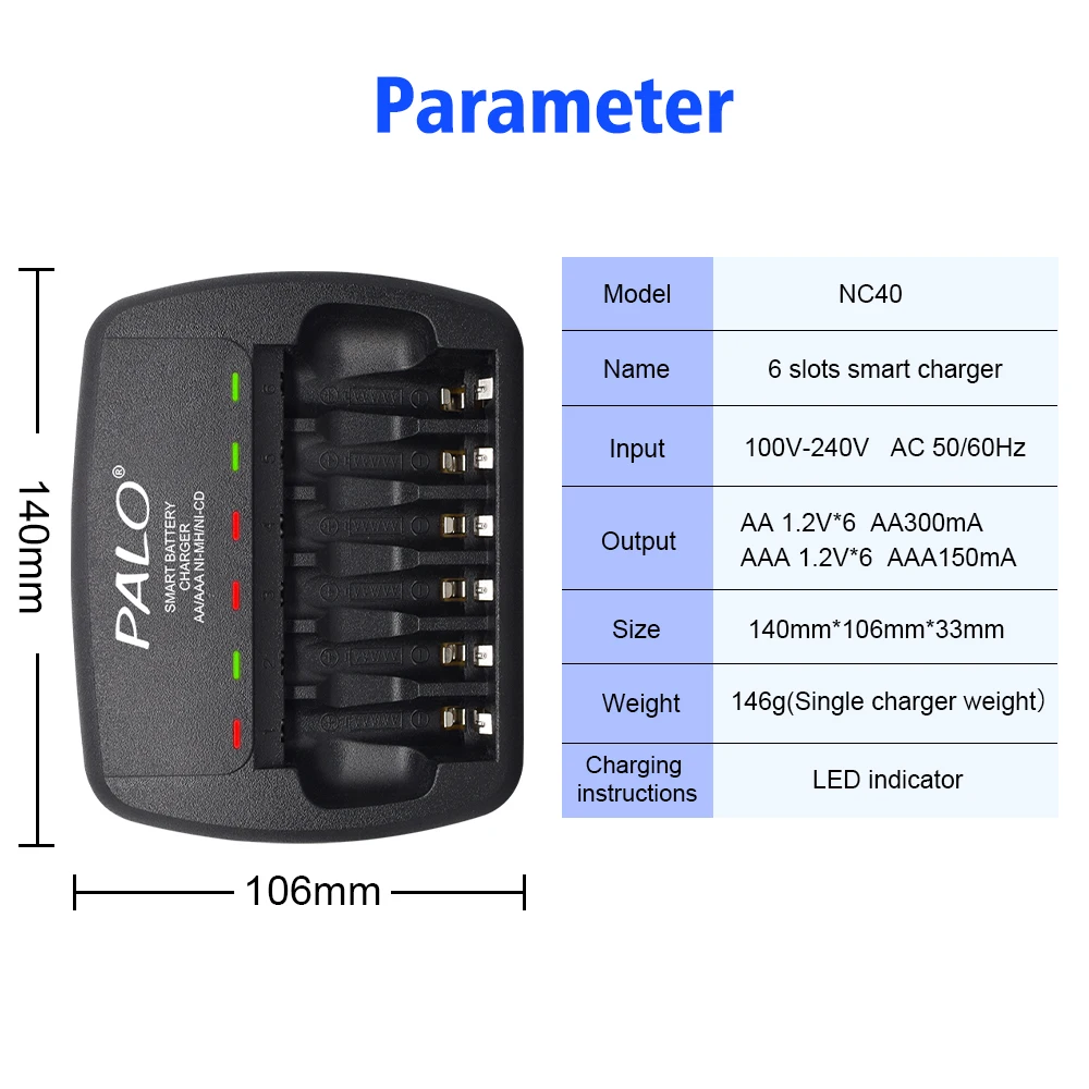 PALO 6/8/12/16/24 Slot Fast Smart Charger LED display 1.2V Ni-MH NiCd Battery Charger for 1.2V AA AAA Rechargeable Batteries