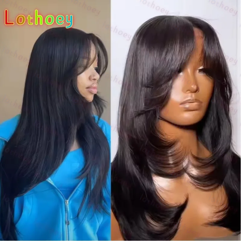 

Human Hair Glueless Wavy Layered Hairstyle Multi-specificationn Transparent Lace Natural Black Wig for Women
