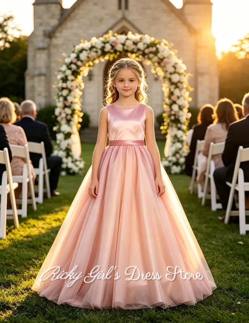 Pink Birthday Banquet Princess Gown Satin Tulle A Line Flower Girl Dresses Piano Model Performance Dress Floor Length Customized