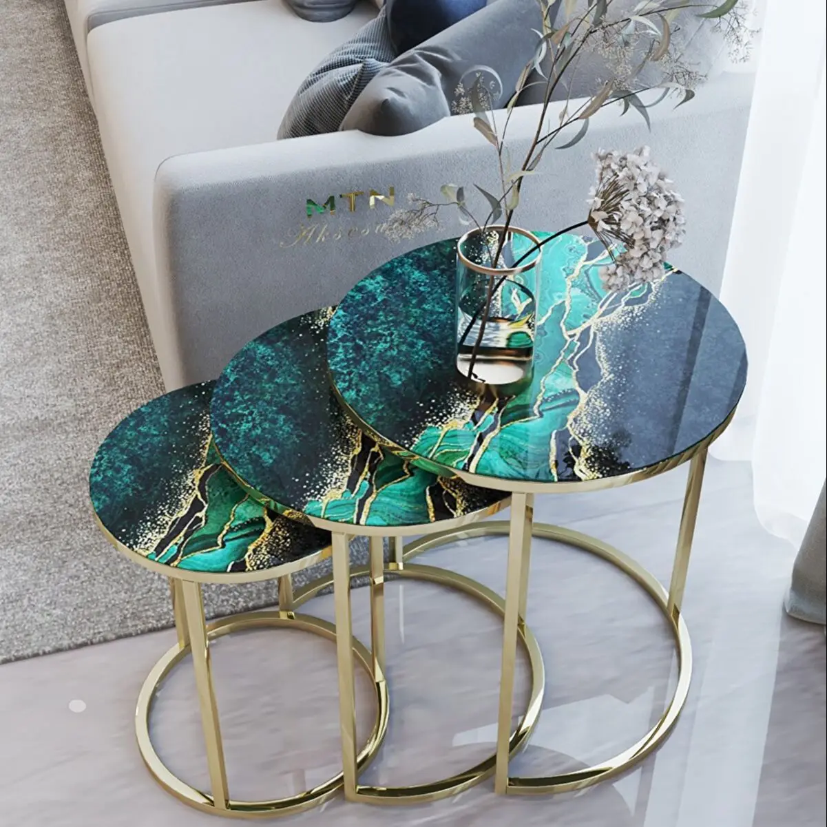 Decorative Gold Green Nesting Table Set of 3 Tempered Glass Luxury Green Lightning Pattern Home Living Room Modern Furniture Set