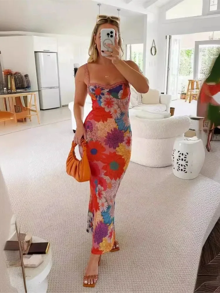 Flower Print Slim Lace Spaghetti Strap Dresses Women Sexy Low Cut Backless Package Hip Bodycon Long Dress Lady Trendy Streetwear — zdjęcie 2