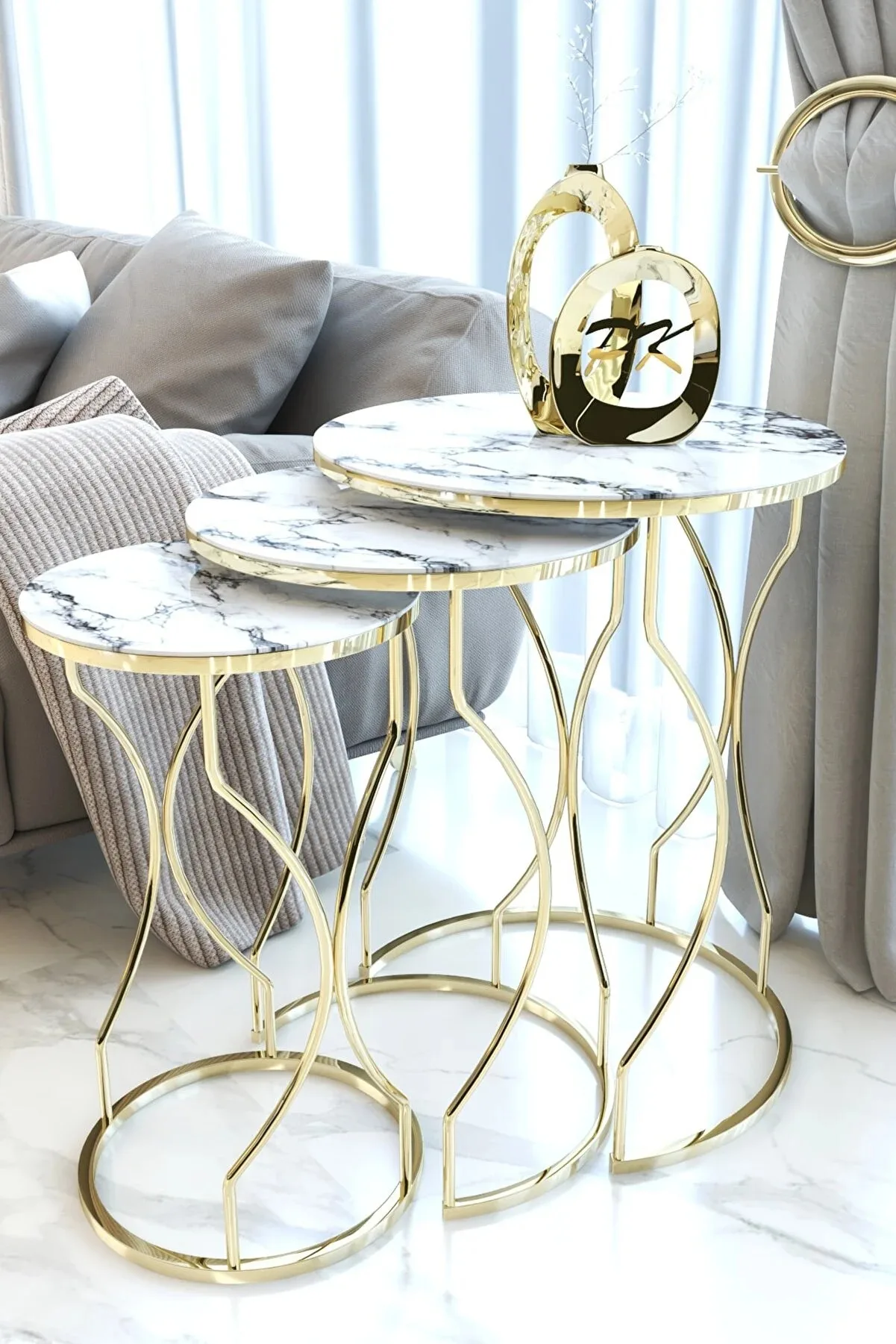 Decorative Set of 3 Nesting Coffee Table Unbreakable Tempered Glass Unique Modern Marble Patterned Gold Leg Set for Living Room