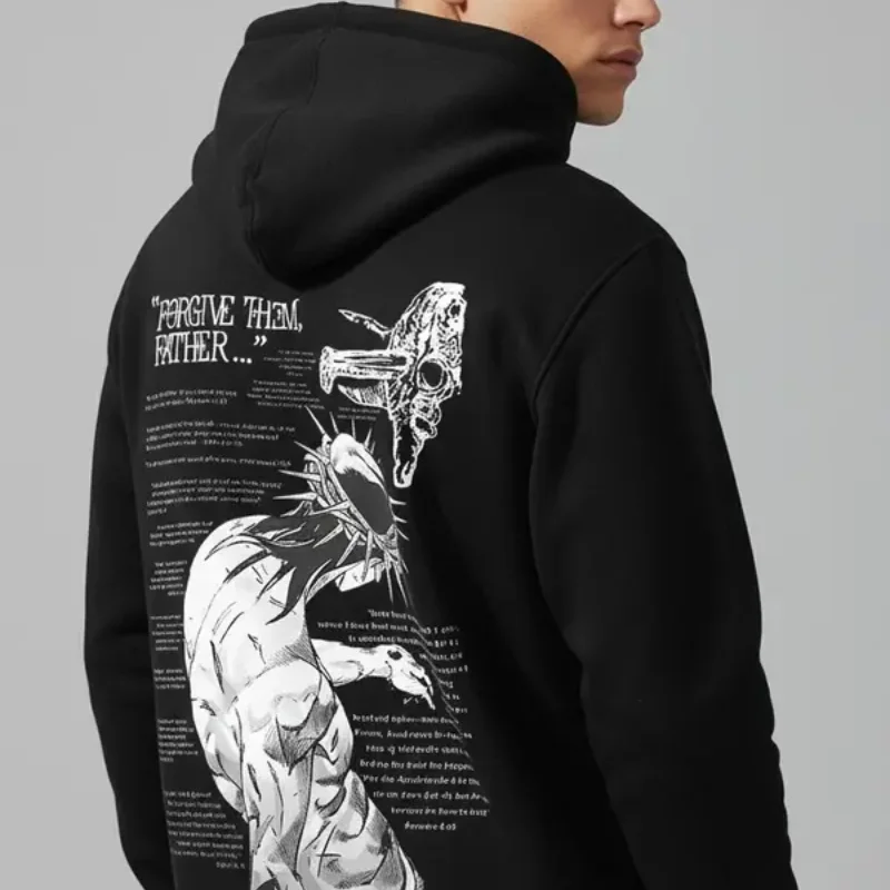 세탁기 사용 가능 성경 구절 그래픽 후드티 면 혼방 블랙 긴팔 풀오버 레귤러 핏 부드럽고 통기성 좋은 원단