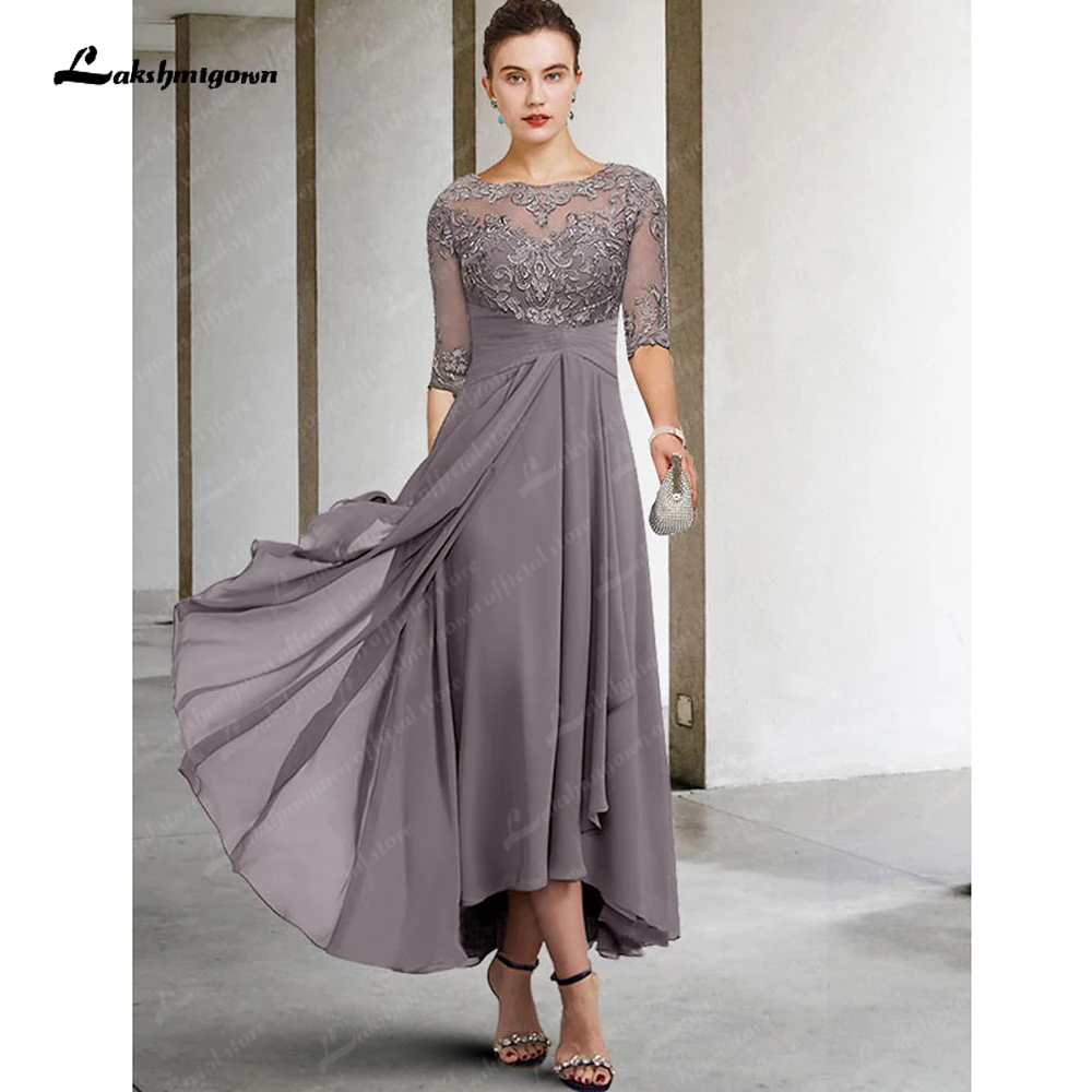 

A-Line Mother of the Bride Dress Elegant High Low V Neck Asymmetrical Ankle Length Chiffon Lace Half Sleeve with Beading Appliqu