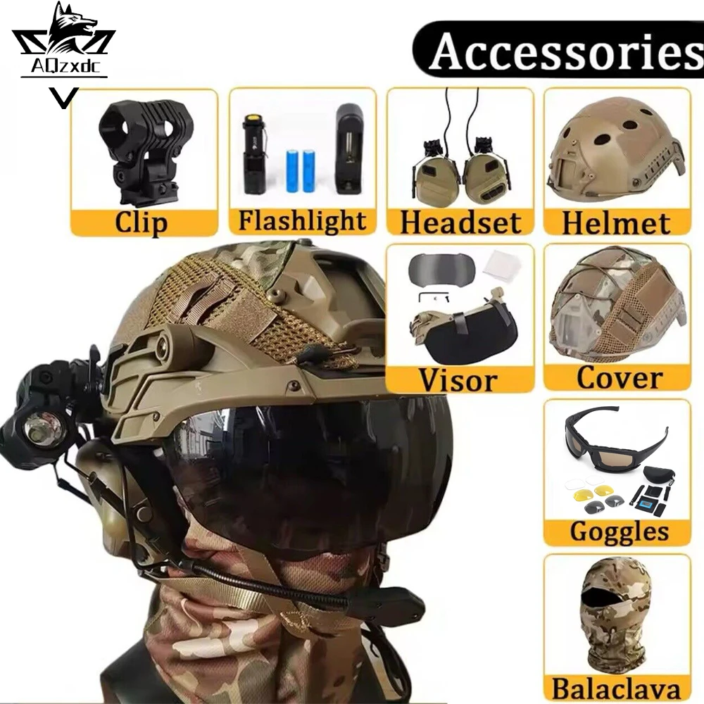 

FAST Tactical Airsoft Helmet Set with Goggles Earphones Flashlight Helmet Cloth Hunting Paintball Shooting Protective Equipment
