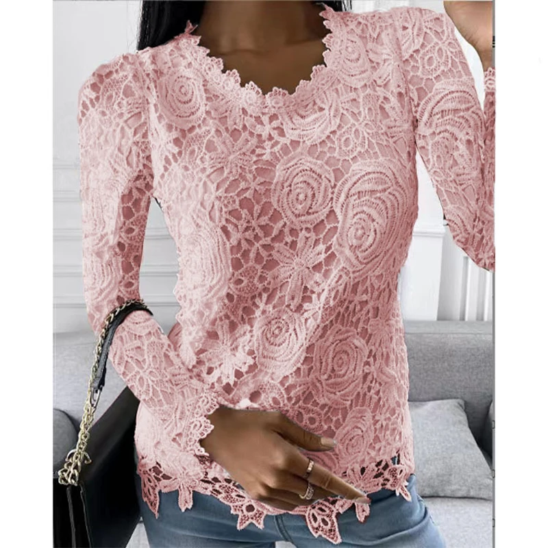 Elegant Lace Women T-shirts Y2K Fashion Long Sleeve Office Lady Blouses O-neck Solid Causal Vintage High Street Boho Female Tops