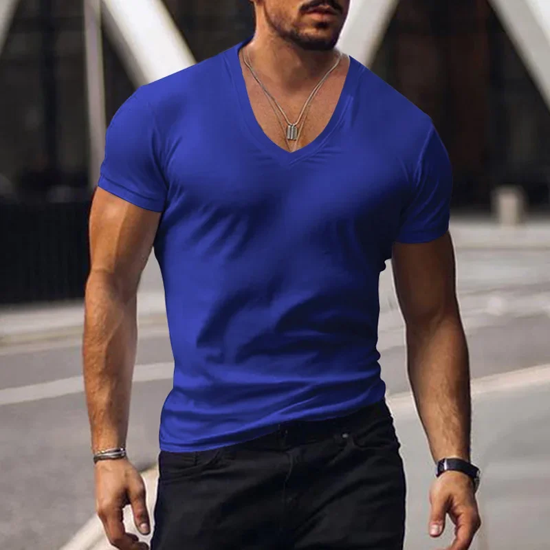 Topy Koszulki V Neck Krótki rękaw Slim Fit T-shirt Męski Casual Letni T-shirt T-shirt z krótkim rękawem Męski — zdjęcie 2