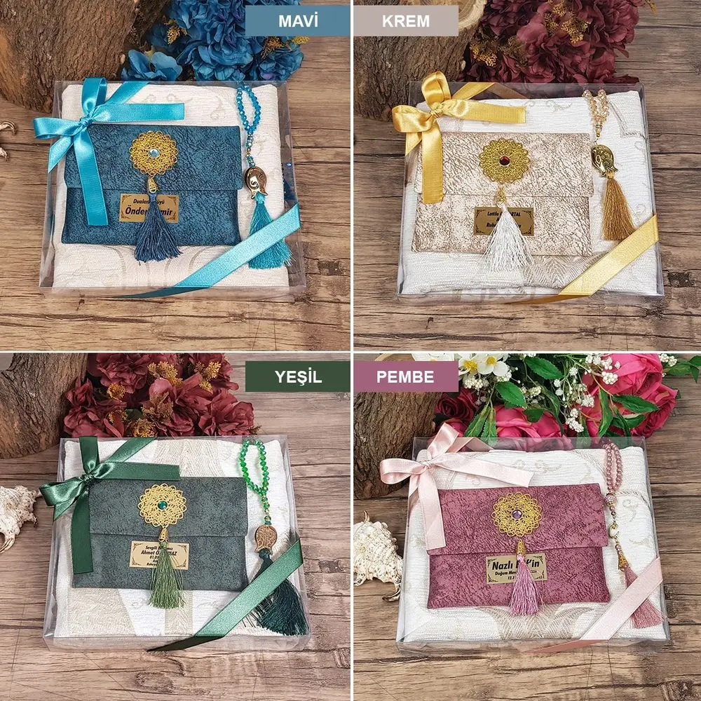 Acetate Box, Prayer Rug, Yasin Rosary, Custom Luxury Velvet Fabric Bag Religious Gift Set.