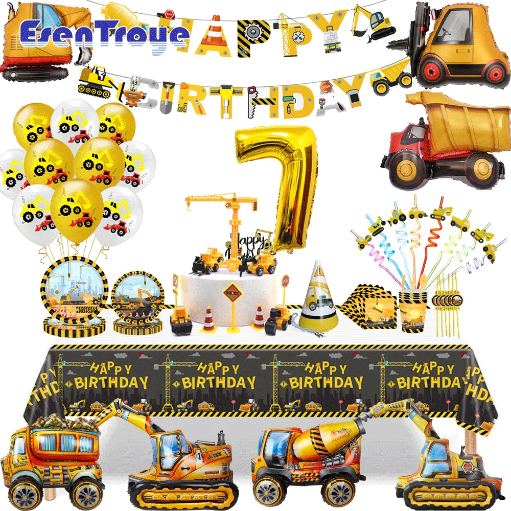 2023 New Construction Vehicle Party Decorations Excavator Balloon Disposable Tableware Set Kids Boys Birthday Party Supplies