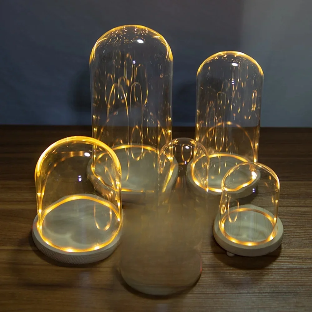 Dôme en verre Base en bois avec lumière LED, cadeau d'anniversaire, décor de chambre à coucher, couverture en verre, Vase de paysage, conteneur de Terrarium, porte-fleurs