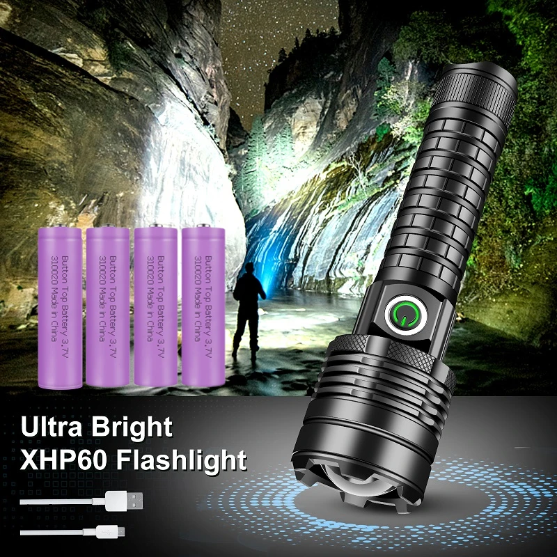 Super Bright LED Flashlight With 4 Rechargeable Batteries, Flashlight Zoom for Camping and Emergencies