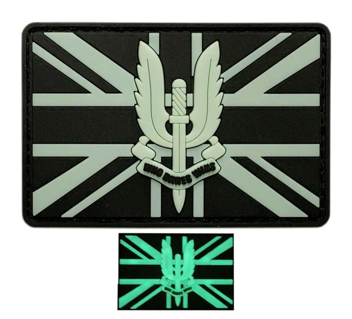 Low MOQ Custom PVC Patches Logo Personalized Design Glow Dark SAS Who Dares Win Tactical Patch  3D PVC -Hook Fastener