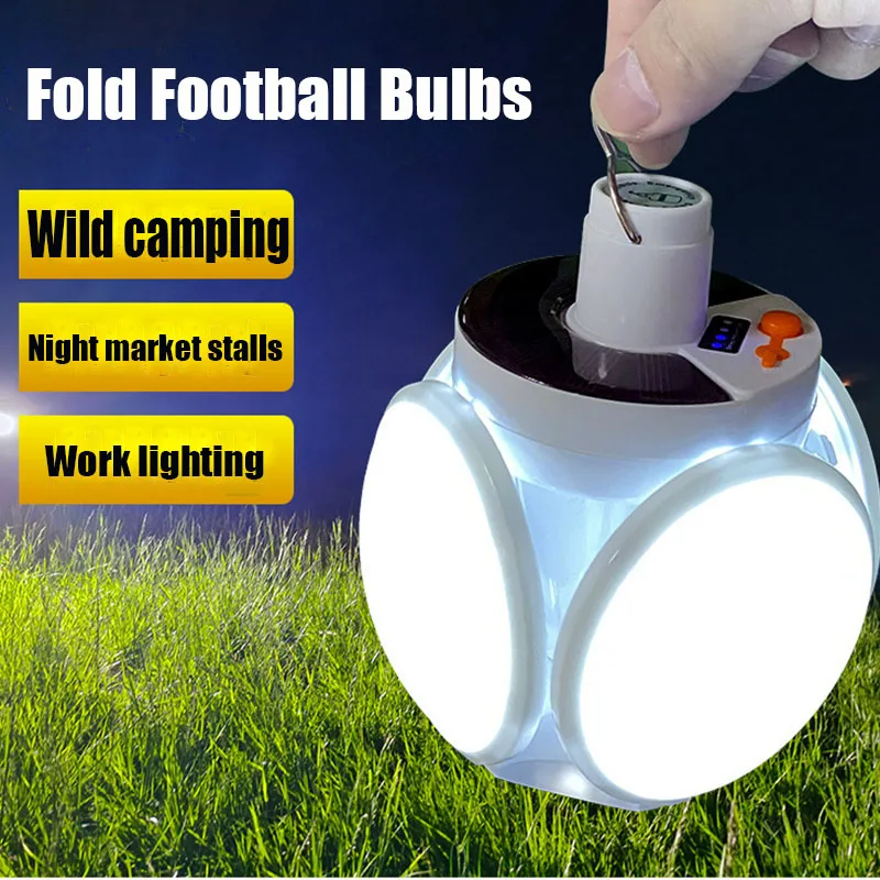 Portable Solar Camping Lantern Rechargeable Led Pendant Light Outdoor Hanging Tent Lamp Folding Football Bulbs With Hook Lights