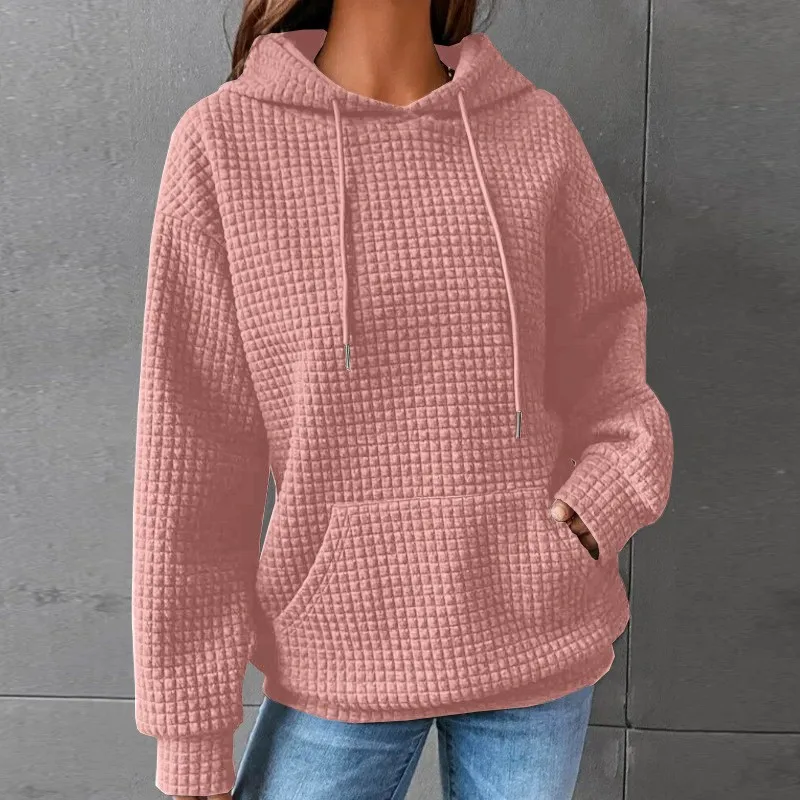 Women's Winter Thick Waffle Knit Solid Color Round Neck Pocket Sweatshirt Hip Length Crinkled Hoodie Women's Hoodies And