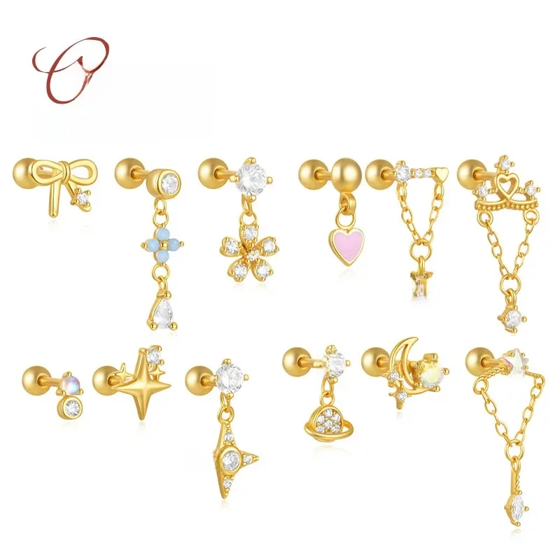 CANNER S925 argent Sterling fleur lune étoile Zircon Piercing Cartilage vis boucle d'oreille pour les femmes oreille os bijoux fins cadeaux