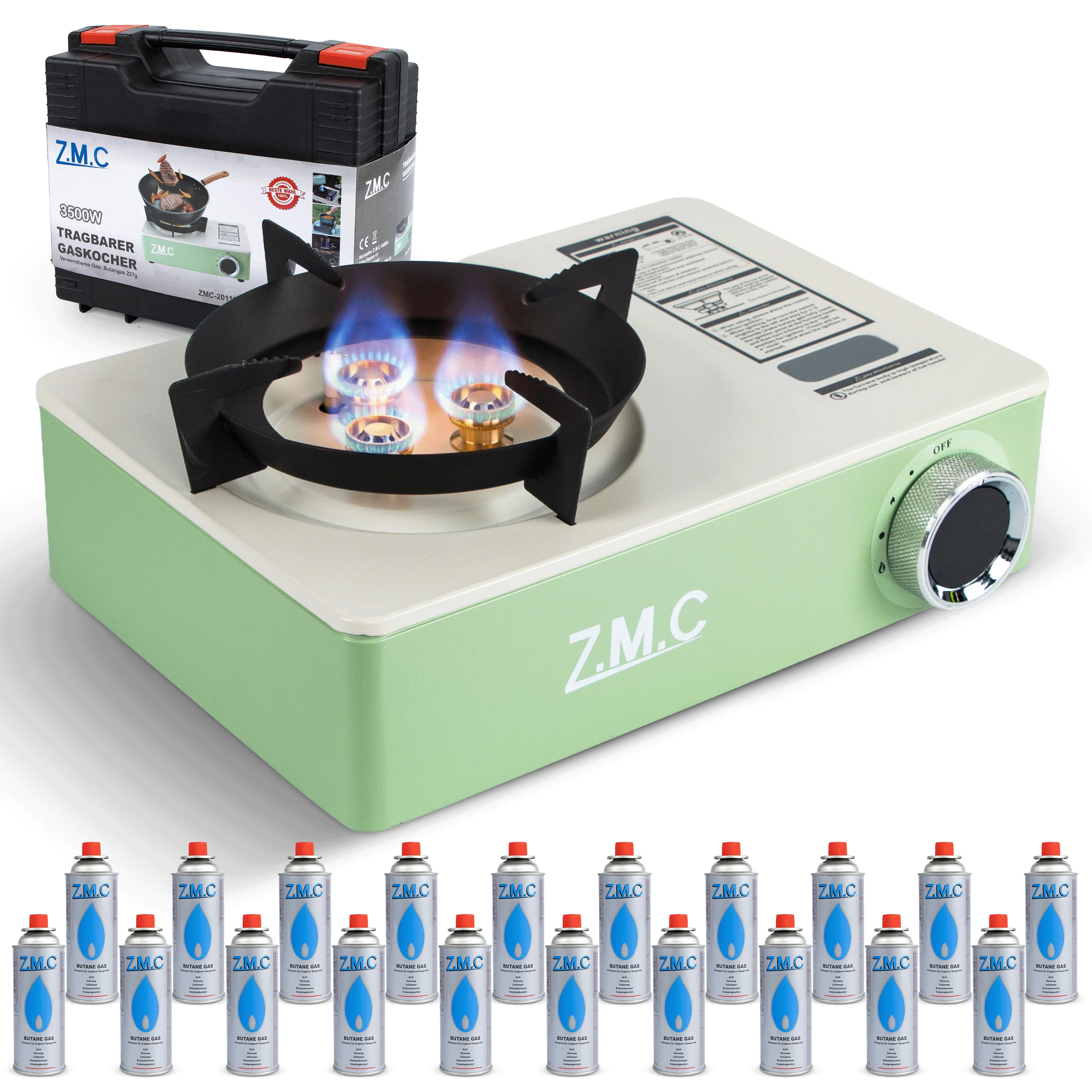 ZMC gasfornuis 3500W 1-vlam piezo-ontsteking 3-pits systeem & transportkoffer - kampeerfornuis voor 227g butaangaspatronen, selecteerbaar | Buiten kamperen, tuin, balkon, noodvoorbereiding