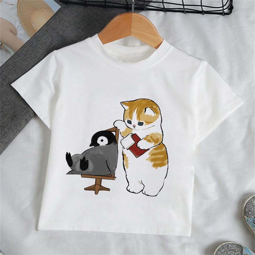 Camiseta de gato de dibujos animados para niñas, ropa de moda para niños de 3 a 12 años al aire libre, camiseta para adolescentes, Ropa para Niñas